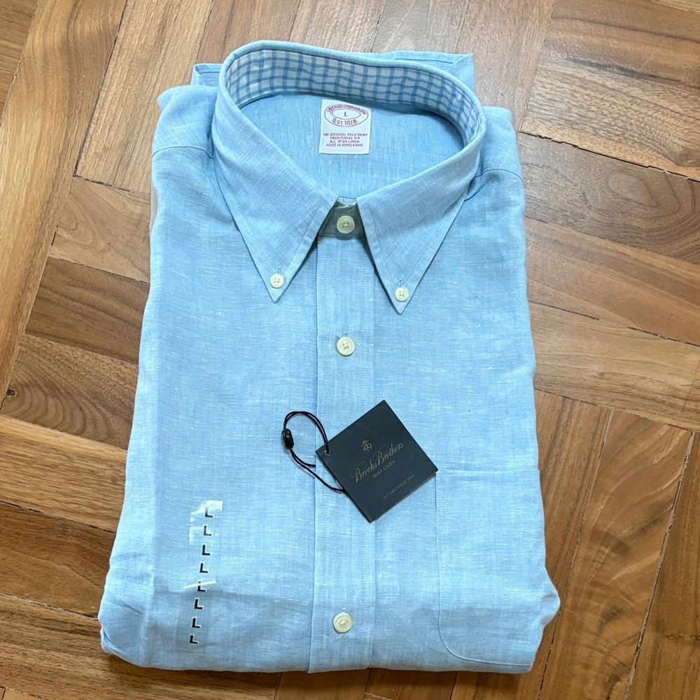 NWT Brooks Brother's Blue Linen Men's Shirt Sz L